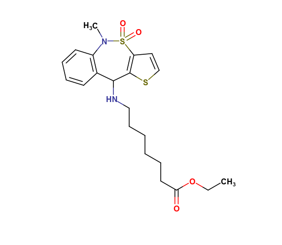 Show details of ethyl 7-((5-methyl-4,4-dioxido-5,10-dihydrobenzo[c]thieno[2,3-f][1,2]thiazepin-10-yl)amino)heptanoate